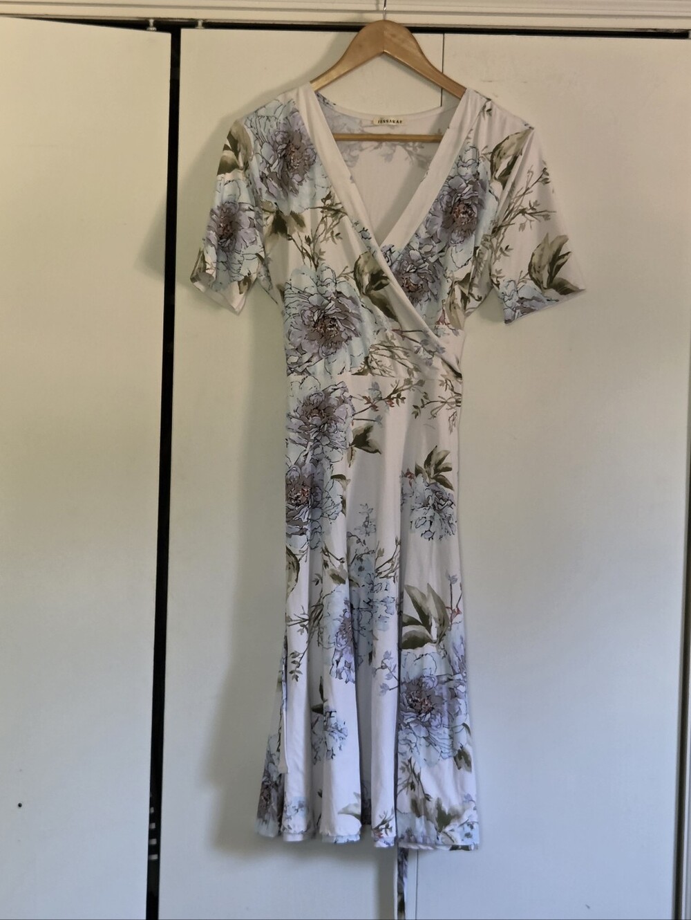 JessaKae White Floral Wrap Midi Dress with Blue & Green Blooms